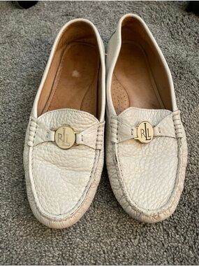Ralph Lauren Ivory Pebbled Leather Penny Loafers with Gold RLL Medallion